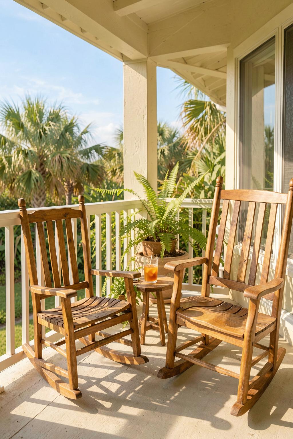 A sunny Florida front porch with two rocking chairs, a potted fern and a glass of iced tea