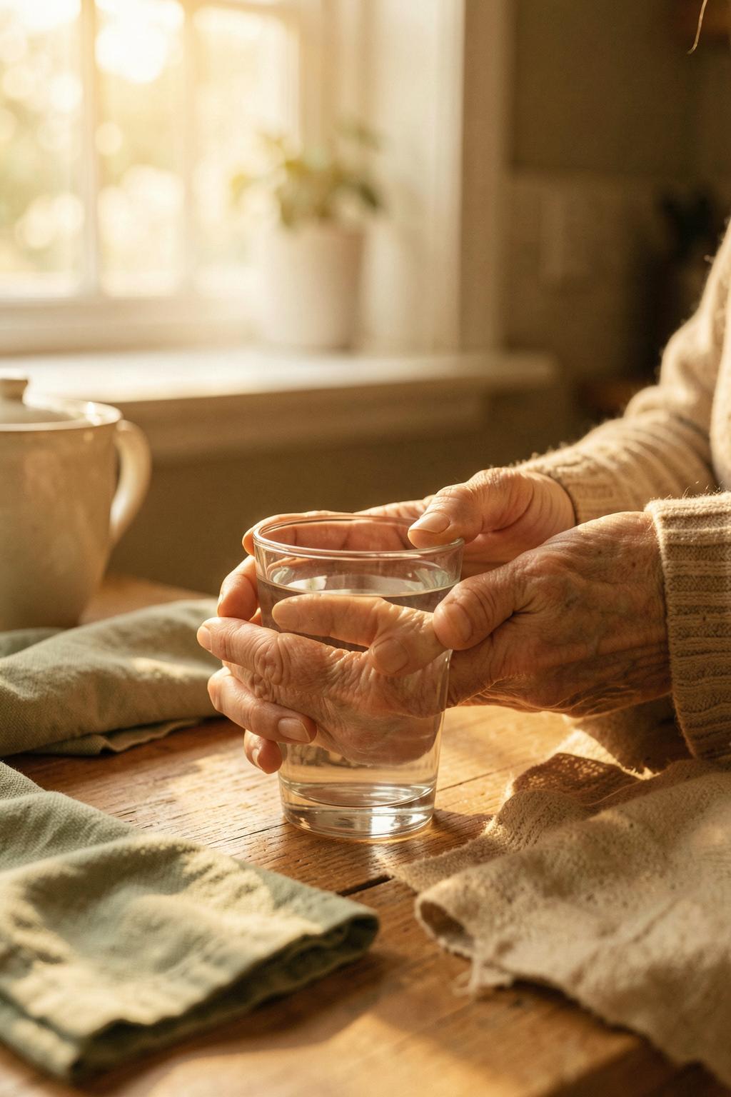 A caregiver gently steadying an older woman's hands around a glass of water at a sunlit kitchen table